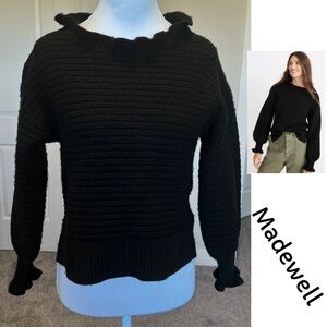 Madewell Ruffle-Neck & Sleeves Pullover Sweater in 70% Cotton 30% Merino Wool